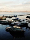 Russia - Arkhangelsk - Northern Dvina river - boat station at sunset Royalty Free Stock Photo