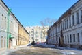 Russia, Arkhangelsk, old houses in Bankovsky lane. Bankovsky lane, building 2 on the right is Commercial Bank of 18-19 centuries