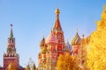 Russia autumn Spasskaya Tower Kremlin and Saint Basil Cathedral Red Square in Moscow Royalty Free Stock Photo