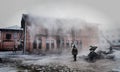 Russia, Barnaul-February 6, 2018. Firefighters and rescuers extinguish a fire in the Museum of war