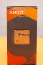 Russia Berezniki 11 APR 2018 : closeup Ryzen 5 AMD 1600 processor on the motherboard. This is a high-performance microprocessor Royalty Free Stock Photo