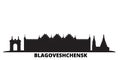 Russia, Blagoveshchensk city skyline isolated vector illustration. Russia, Blagoveshchensk travel black cityscape