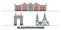 Russia, Blagoveshchensk flat landmarks vector illustration. Russia, Blagoveshchensk line city with famous travel sights