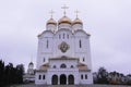 Russia, Bryansk November 4, 2020. Bryansk Cathedral of the Holy Trinity. Orthodox white Church on an autumn day.