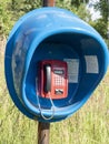 20.07.2020 Russia, Bryansk region. telephone booth with the machine, installed in an abandoned village summer on a sunny day