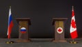 Russia and Canada flags. Russia and Canada flag. Russia and Canada negotiations. Rostrum for speech. 3D work and 3D image Royalty Free Stock Photo