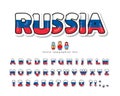 Russia cartoon font. Russian national flag colors. Paper cutout glossy ABC letters and numbers. Bright alphabet for tourism design