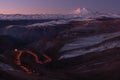 Russia, Caucasus Mountains, Kabardino-Balkaria. Snow-Covered Sleeping Volcano Elbrus At Daybreak, View From Plateau Shatzhatmaz.On