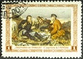 RUSSIA - CIRCA 1956: the stamp printed by Russia shows the V.G.Perova picture Hunters on a halt , circa 1956 Royalty Free Stock Photo