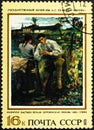 RUSSIA - CIRCA 1973: a stamp printed by Russia shows a picture Rustic love, by Bastien-Lepage. Foreign paintings in