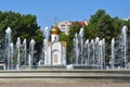 Russia, city of Anapa, chapel in the name of the prophet Hosea and  musical fountain on Soviets square in summer Royalty Free Stock Photo