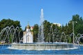 Russia, city of Anapa, chapel in the name of the prophet Hosea and musical fountain on Soviets square in summer