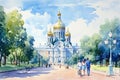 Russia city of Saint-Petersburg drawing on paper watercolor Smolny Cathedral