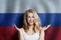 Russia concept with happy Surprised cute girl with Russian flag background. Travel and education concept