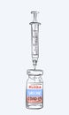 Russia Coronavirus vaccine vector drawing. Hand drawn Vial dose and medical syringe with russian flag label. Vaccination