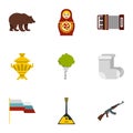 Russia country symbols icons set, flat style