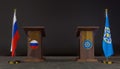 Russia and CSTO flags. Russia and CSTO flag. Russia and CSTO negotiations. Rostrum for speech. 3D work and 3D image