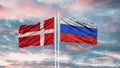 Russia and Denmark flag waving in the wind against white cloudy blue sky together. Diplomacy concept, international relations. Royalty Free Stock Photo