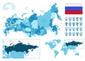 Russia detailed administrative blue map with country flag and location on the world map.