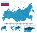 Russia - detailed blue country map with cities, regions, location on world map and globe. Infographic icons