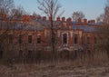 Russia, early spring, authentic original landscape, Peterhof, Suvorovsky town. Textured red brick building