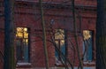 Russia, early spring, authentic original landscape, Peterhof, Suvorovsky town. Textured red brick building