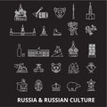 Russia editable line icons vector set on black background. Russia white outline illustrations, signs, symbols Royalty Free Stock Photo