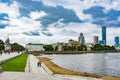 Russia. Ekaterinburg. View of the city pond and Yekaterinburg city .