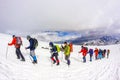 RUSSIA, Elbrus-JULY 29, 2018: a group of climbers follow each other in a chain to climb. Every year thousands of people go to the