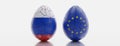 Russia and EU crisis. European Union and Russian Flag on cracked eggs isolated on white. 3d render