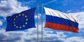 Russia and European Union flags on blue sky background. 3d illustration Royalty Free Stock Photo