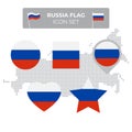 Russia flag icons set in the shape of square, heart, circle, stars and pointer, map marker. Mosaic map of russia. Russian flag Royalty Free Stock Photo