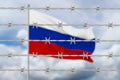 Russia flag and metal steel barbed wire on sky background. 3D illustration