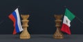 Russia flag and Mexico flag and chess king on chessboard, Russia vs Mexico countries political conflict and war concept, 3D work Royalty Free Stock Photo