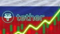 Russia Flag with Neon Light Effect Tether Coin Logo Radial Blur Effect Fabric Texture 3D Illustration