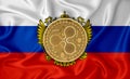 Russia flag, ripple gold coin on flag background. The concept of blockchain, bitcoin, currency decentralization in the country. 3d