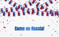 Russia flags garland on transparent background with confetti. Hang bunting for Russian independence Day celebration template banne