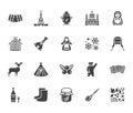 Russia flat glyph icons set. Russian doll, ornament, Moscow Kremlin, samovar, deer, bear, accordion, vodka vector