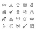 Russia flat line icons set. Russian doll, ornament, Moscow Kremlin, samovar, deer, bear, accordion, vodka vector Royalty Free Stock Photo