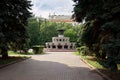 Russia. The fountain at the building of Moscow State University on Vorobyovy Hills in Moscow.