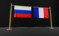 Russia and France flags. Russia and France flag. Russia and France negotiations. 3D work and 3D image