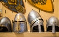 Russia, Gatchina - March 10, 2023: Knight's medieval helmets in the history museum