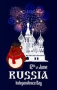 Brown Bear stays next to St. Basil`s Cathedral silhouette at the Red Square in Moscow. Russia Independence Day. Royalty Free Stock Photo
