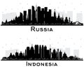 Russia and Indonesia City Skyline Silhouettes with Black Buildings Isolated on White Royalty Free Stock Photo