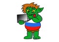 Russia internet troll. Funny cartoon illustration of green Russian computer hacker with t-shirt like the Russian flag.