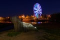 Russia, Irkutsk - June 13, 2020: Colorfull abstract Ferris wheel and abstract animal from wooden on the Konny island in