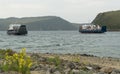 Russia, Irkutsk region, Sakhyurta, August 2020: ferry crossing to the Olkhon island