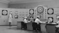 Russia - Irkutsk, 04.25.2021: retro USSR industrial background with engineers and workers at a plant. Stock footage. Old