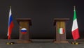 Russia and Italy flags. Russia and Italy flag. Russia and Italy negotiations. Rostrum for speech. 3D work and 3D image Royalty Free Stock Photo