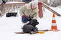 The woman walking with cane Corso winter